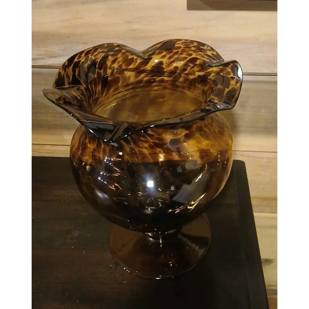 Vintage MCM Tortoiseshell Art Glass Pedestal Vase Ruffled Rim Apothecary Urn